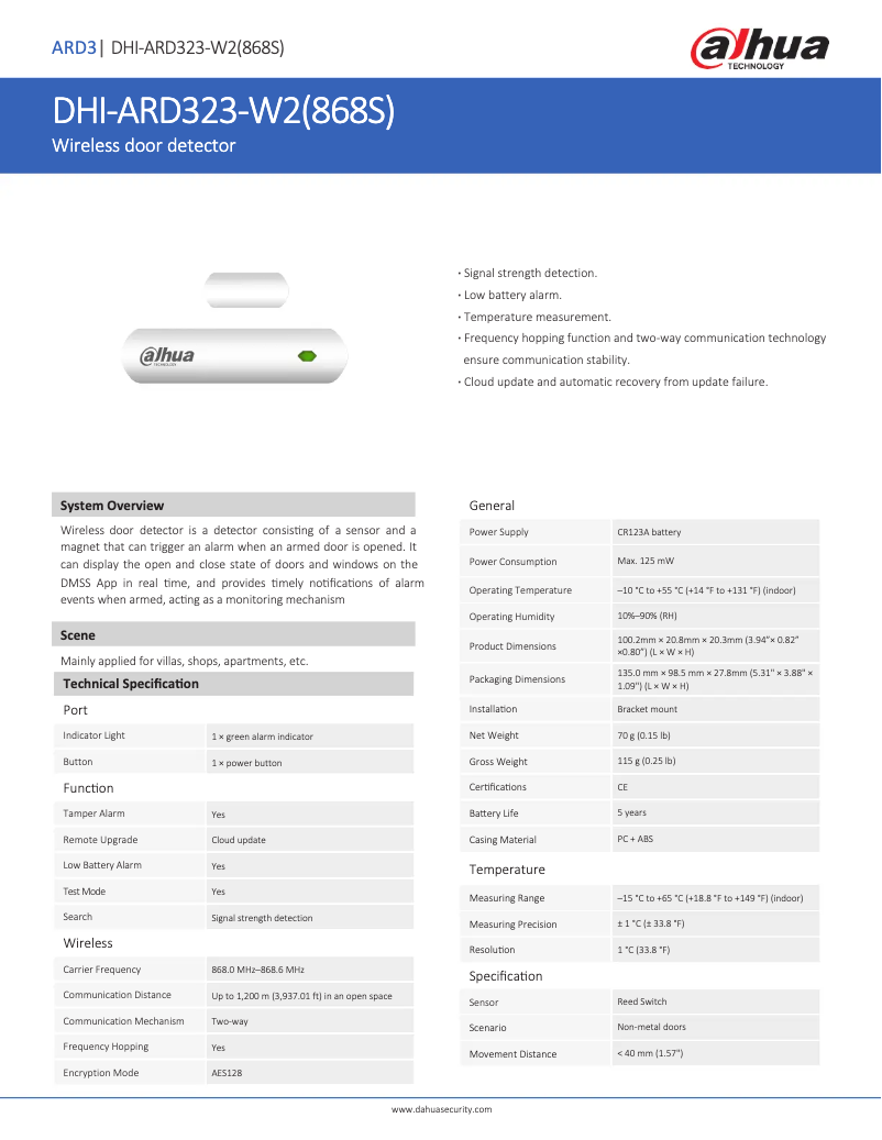 Page 1 of the manual Technical Sheet Dahua Technology ARD323-W2