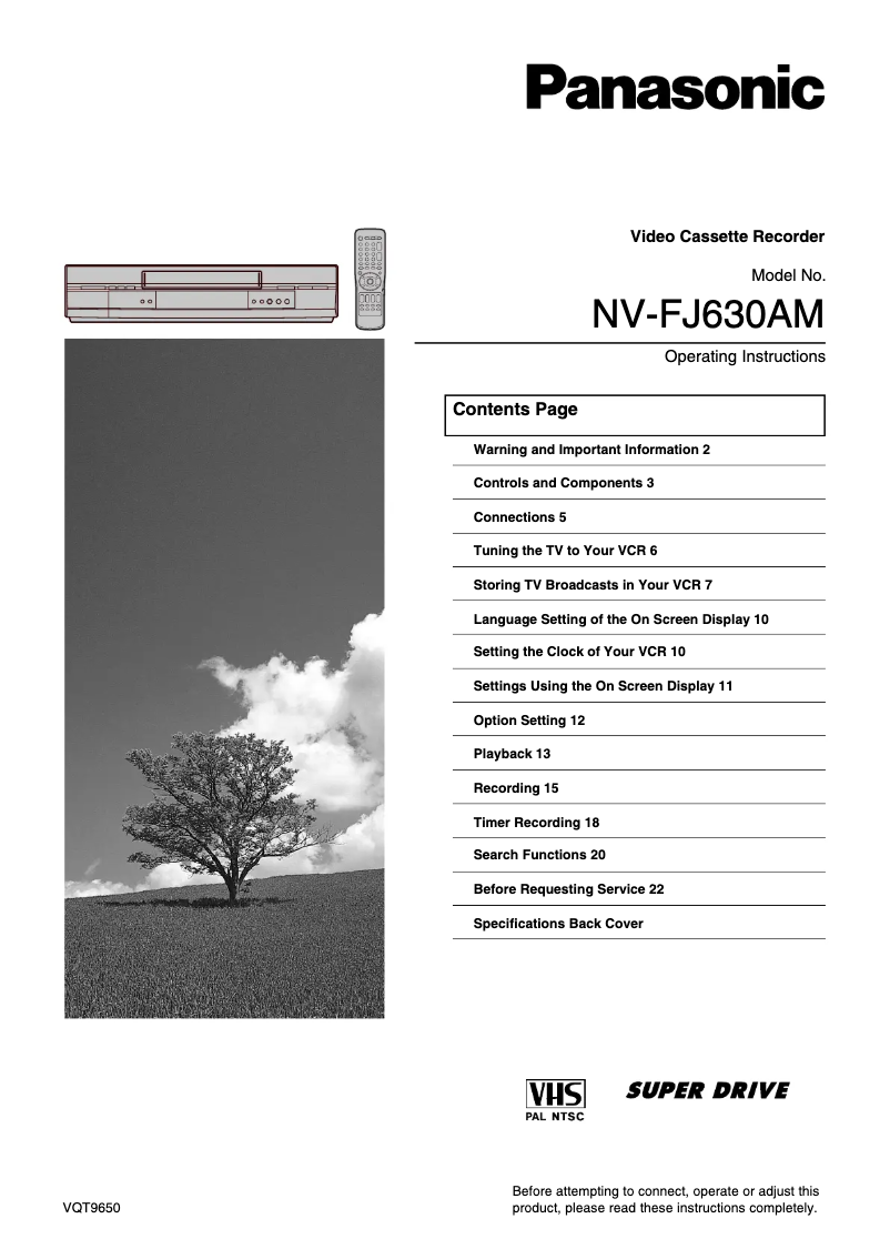 Page 1 de la notice Manuel utilisateur Panasonic NV-FJ630