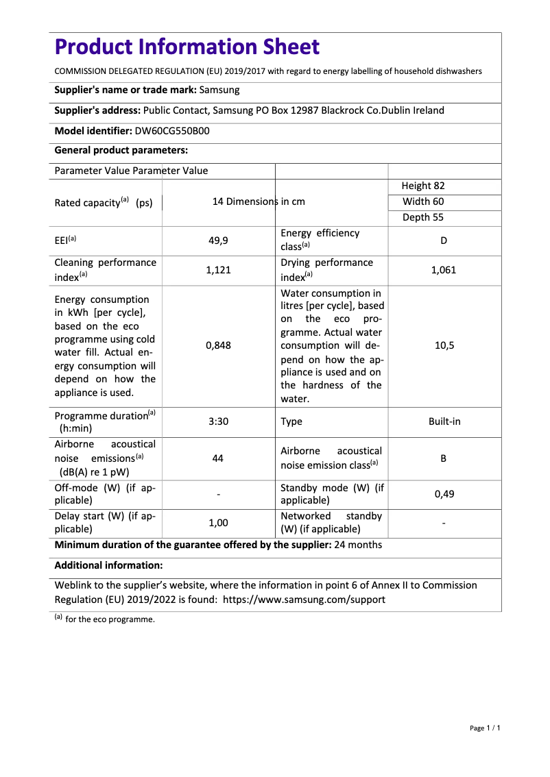 Page 1 de la notice Fiche technique Samsung DW60CG550B00