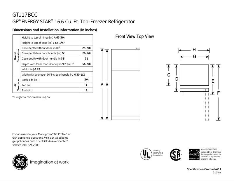 Page n°1 - Fiche technique GE GTJ17BCCSA