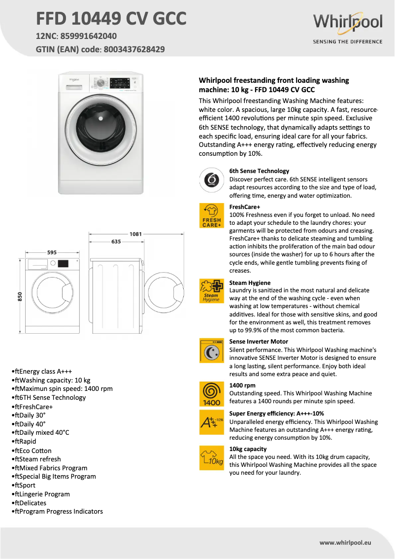 Page 1 de la notice Fiche technique Whirlpool FFD 10449 CV GCC
