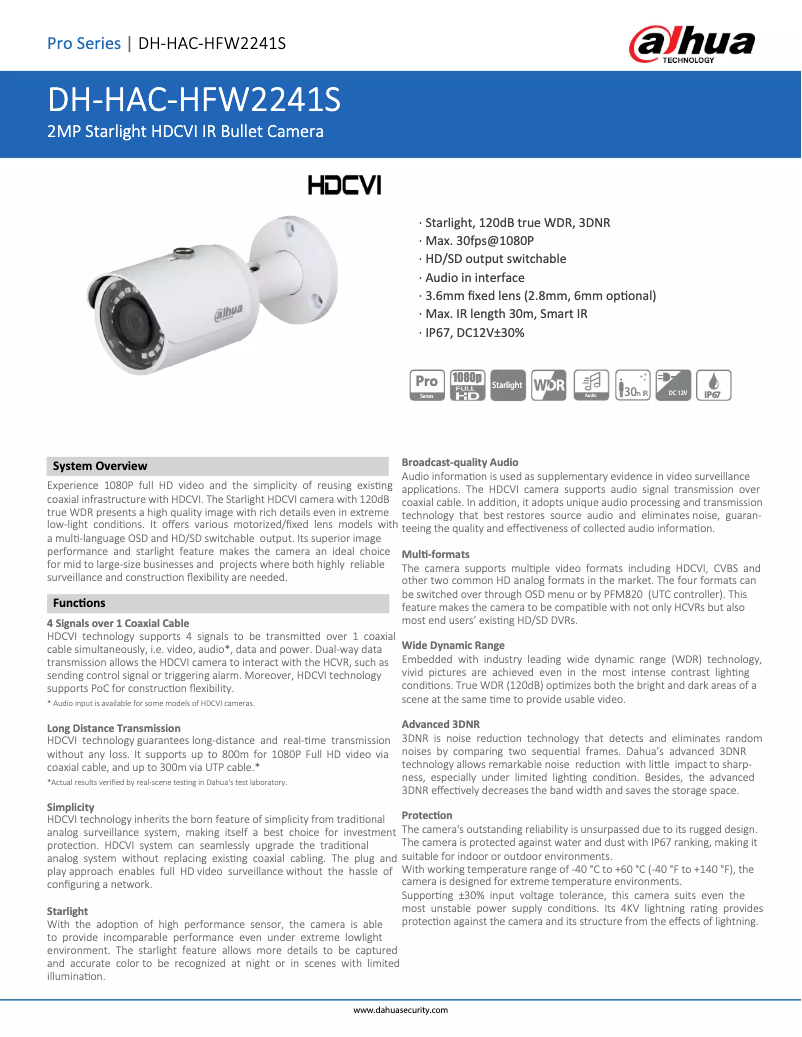 Page 1 de la notice Fiche technique Dahua Technology HAC-HFW2241S