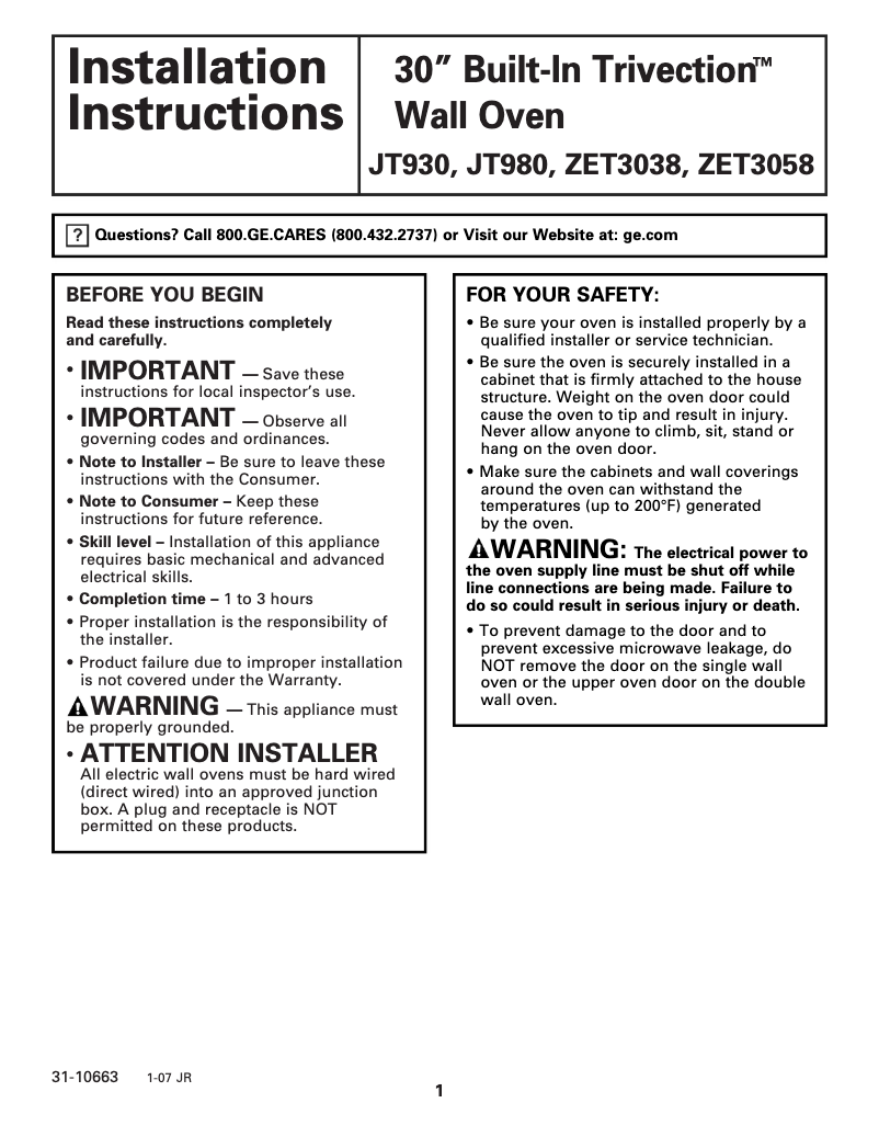 Page n°1 - Guide d'installation GE JT930CHCC