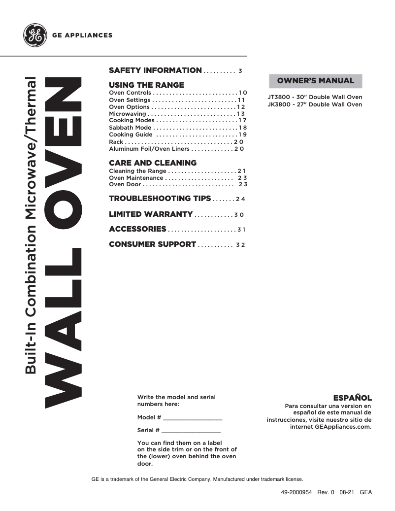 Página 1 del manual Manual de uso y mantenimiento GE JT3800SHSS