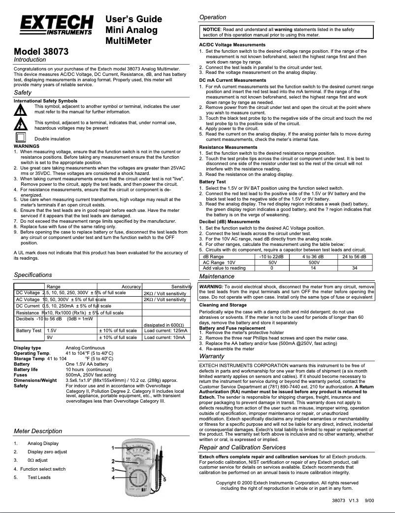 Page 1 de la notice Manuel utilisateur Extech 38073
