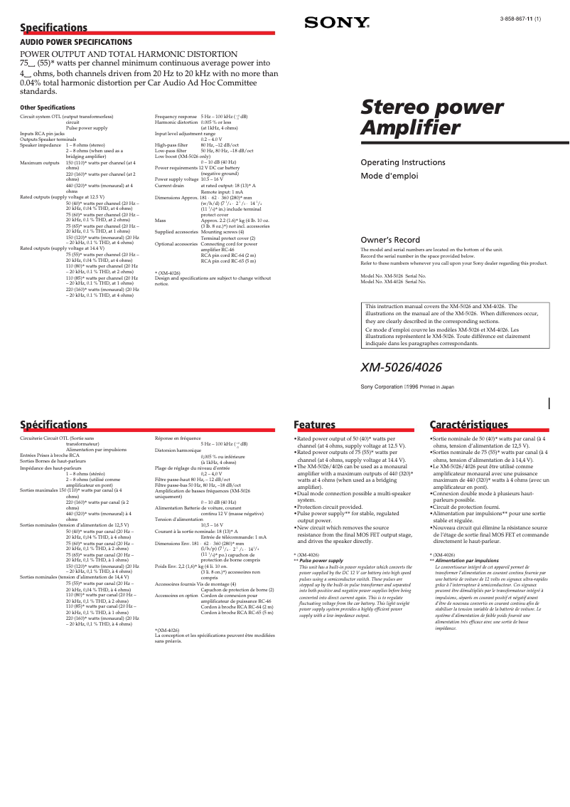 Page 1 de la notice Manuel utilisateur Sony XM-5026