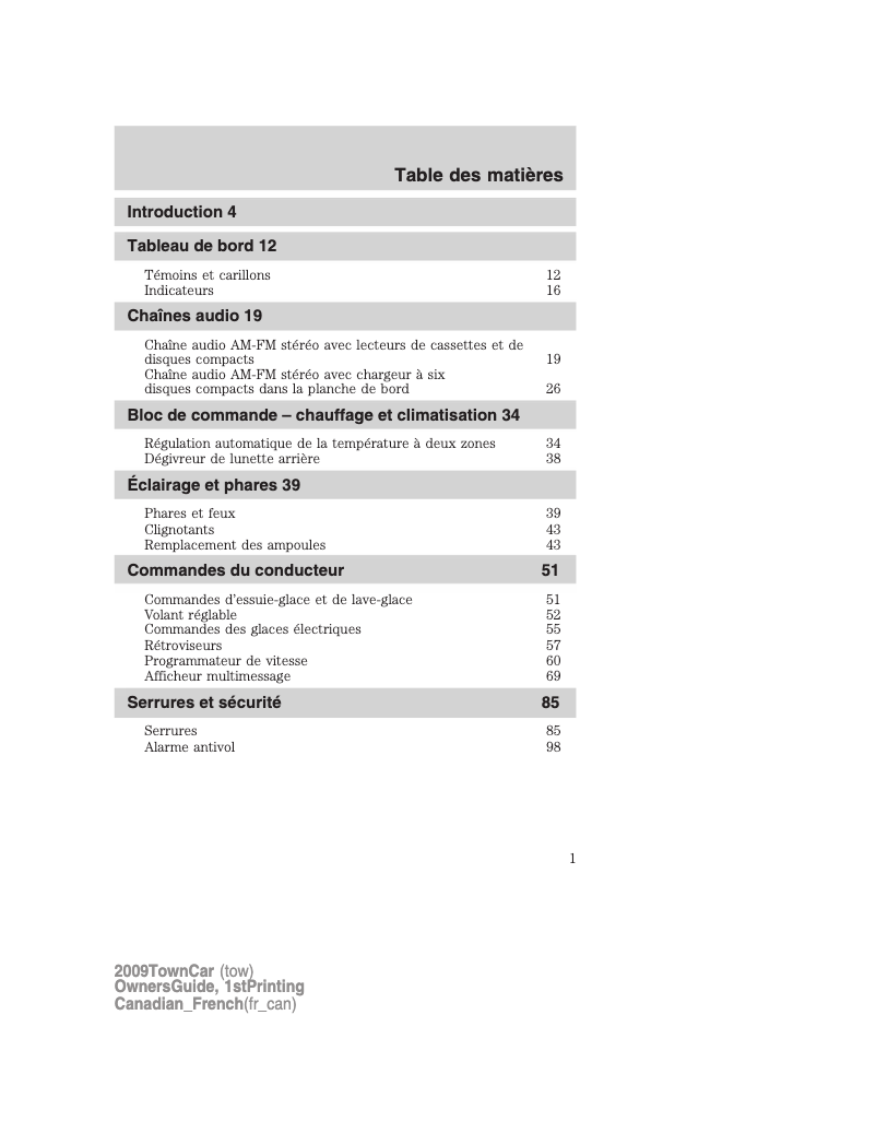 Page 1 de la notice Manuel utilisateur Lincoln Town Car (2009)