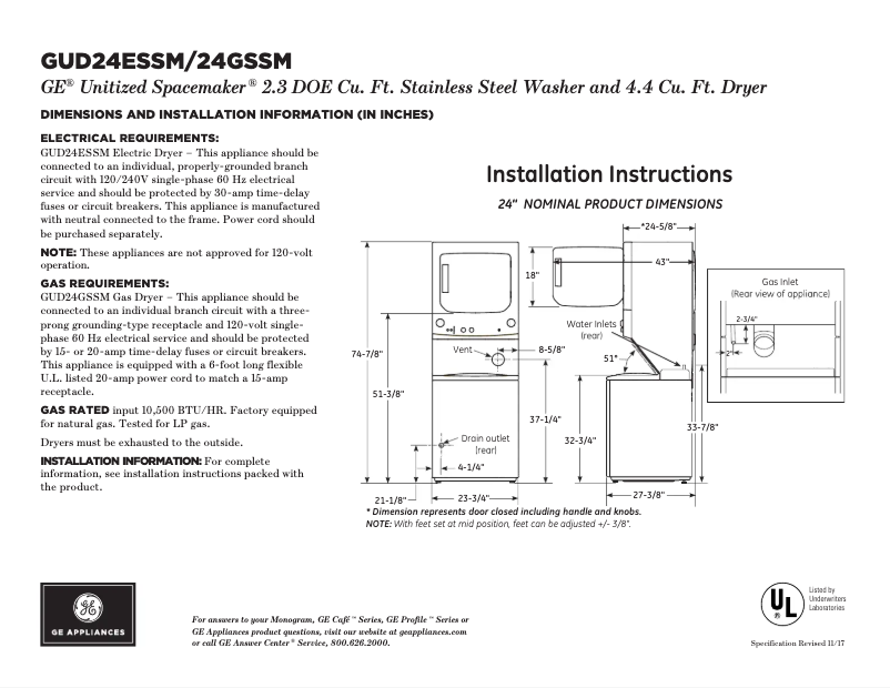 Página 1 del manual Ficha técnica GE GUD24GSSMWW