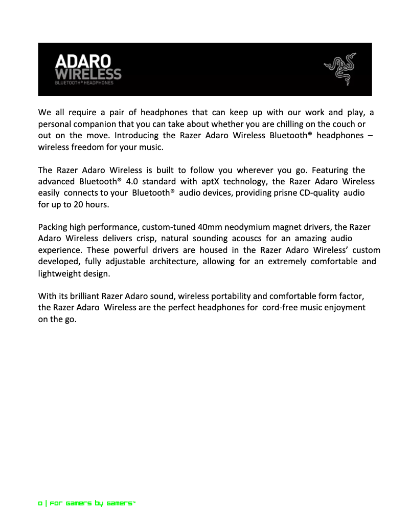 Page 1 de la notice Manuel utilisateur Razer Adaro Wireless