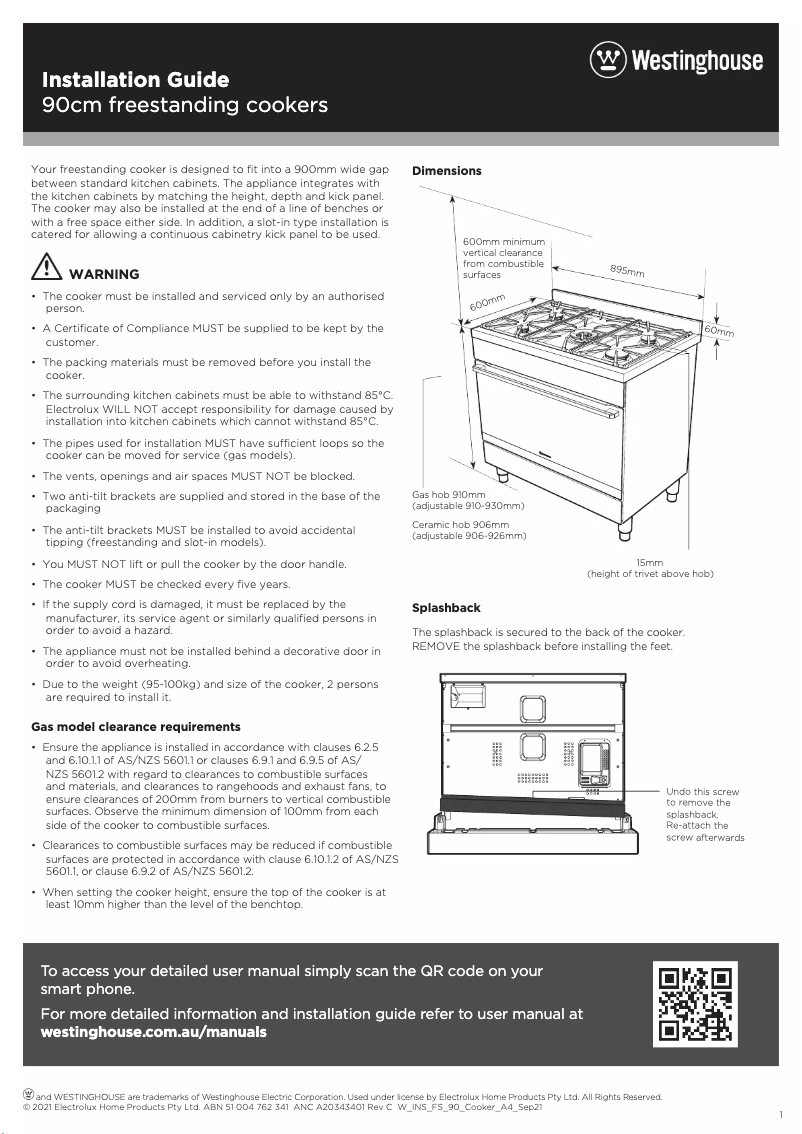 Page 1 de la notice Guide d'installation Westinghouse WFE915SD