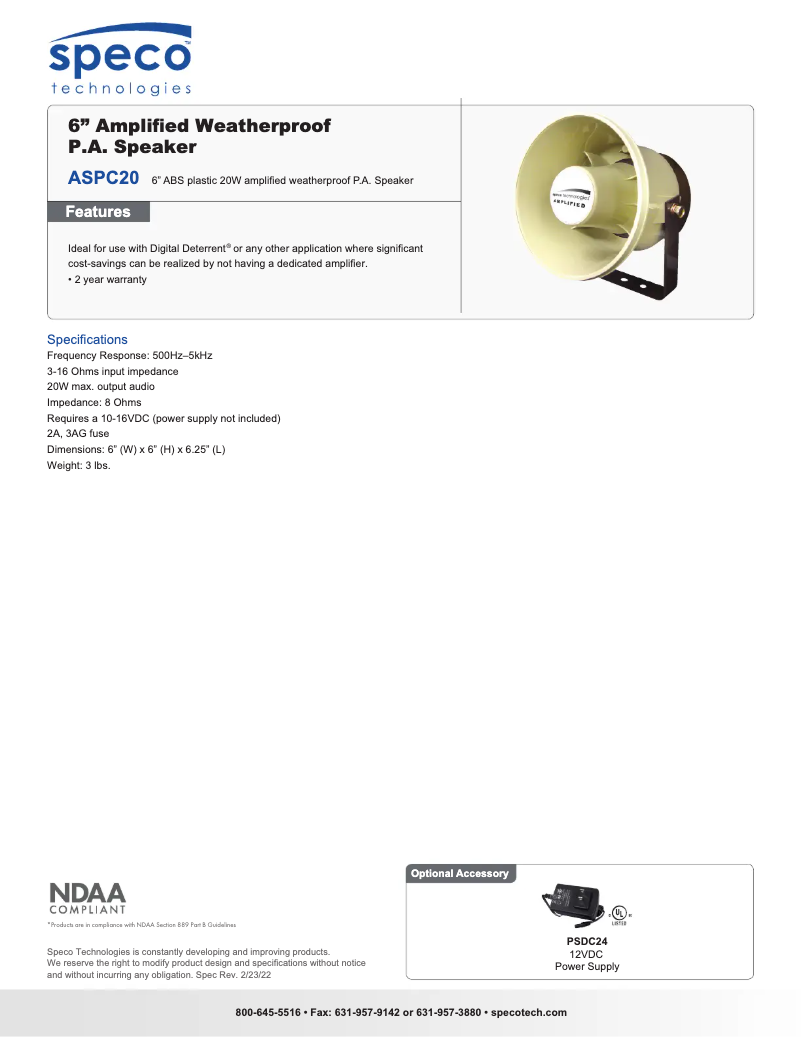 Page 1 de la notice Fiche technique Speco Technologies ASPC20