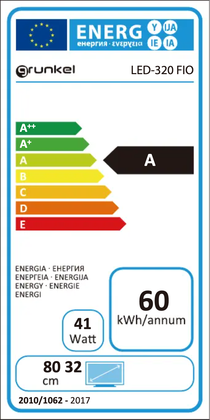 Page 1 de la notice Label énergétique Grunkel LED-320 FIO