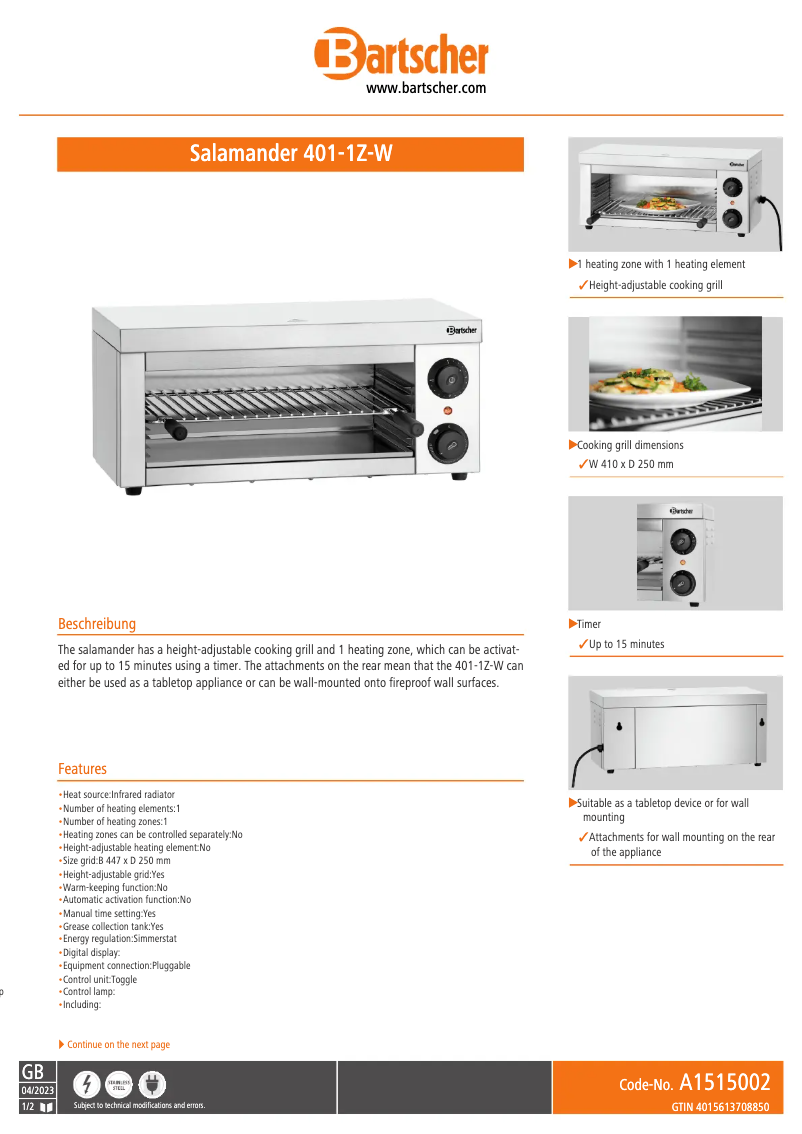 Página 1 del manual Ficha técnica Bartscher 401-1Z-W