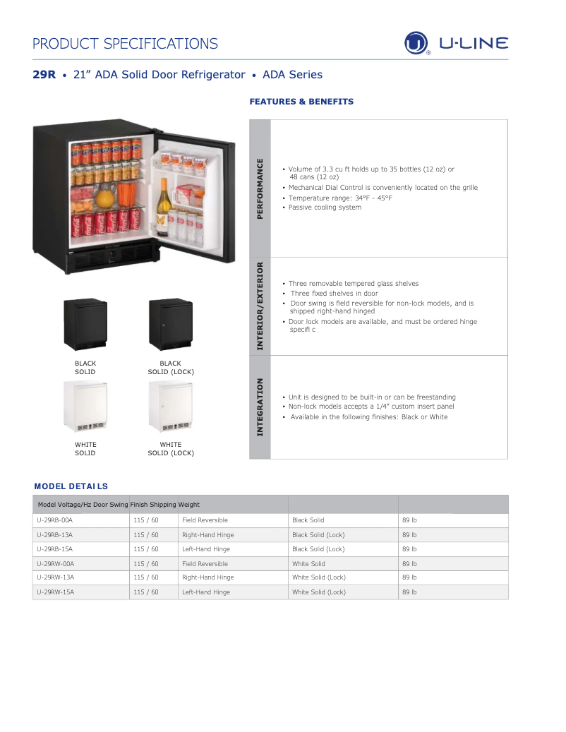 Page 1 de la notice Fiche technique U-Line U-29R13A