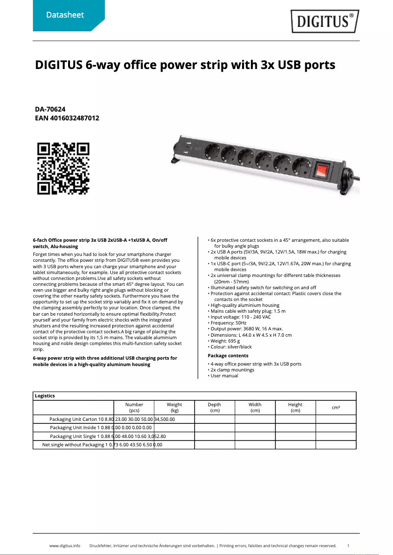 Page 1 de la notice Fiche technique Digitus DA-70624