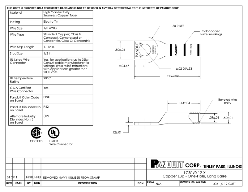 Page 1 de la notice Manuel utilisateur Panduit LCB1/0-12-X