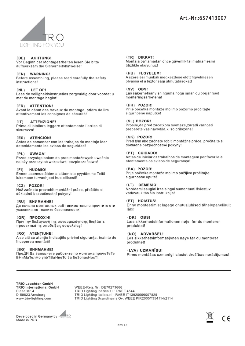 Page 1 de la notice Manuel utilisateur Trio Lighting Griffin 657413007