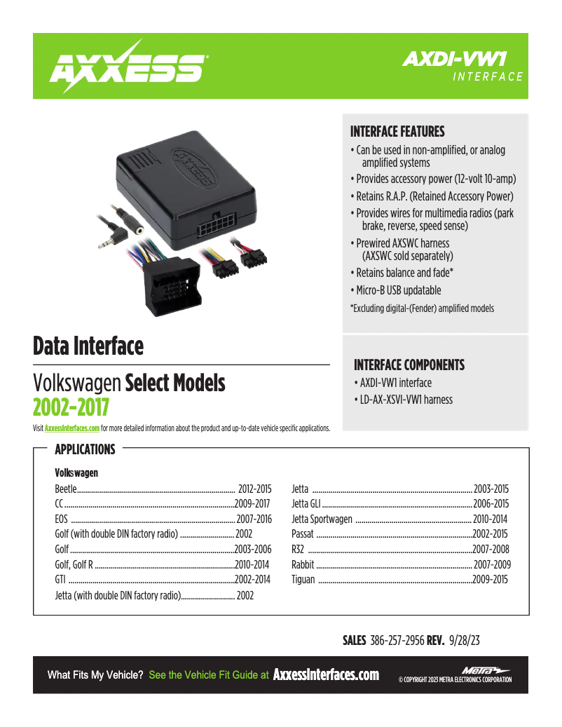 Page 1 de la notice Fiche technique AXESS AXDI-VW1