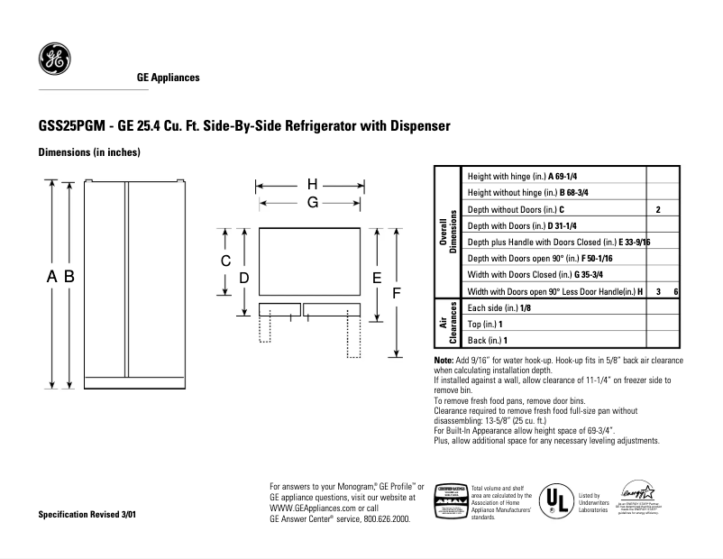 Page n°1 - Fiche technique GE GSS25PGMCC