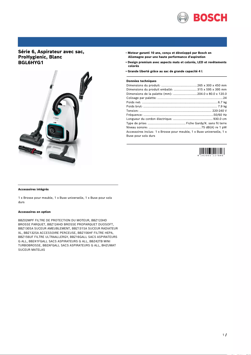 Page 1 of the manual Technical Sheet Bosch BGL6HYG1