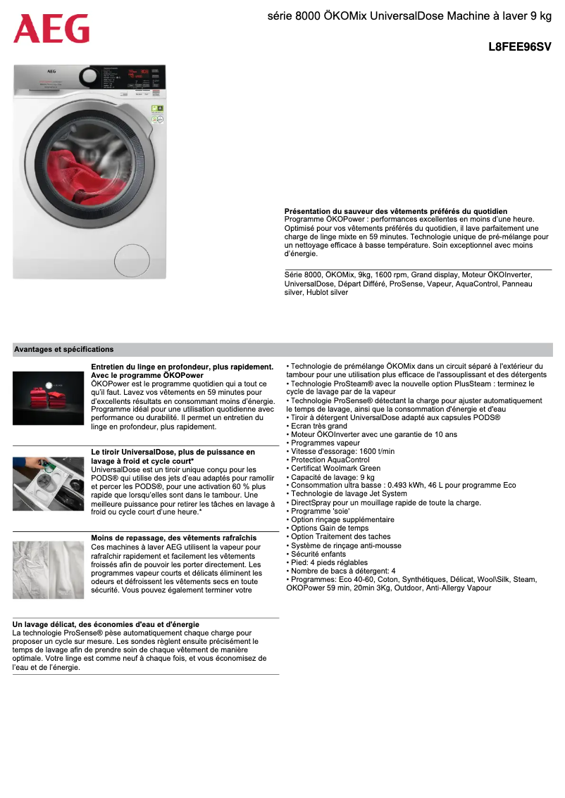 Página 1 del manual Ficha técnica AEG L8FEE96SV