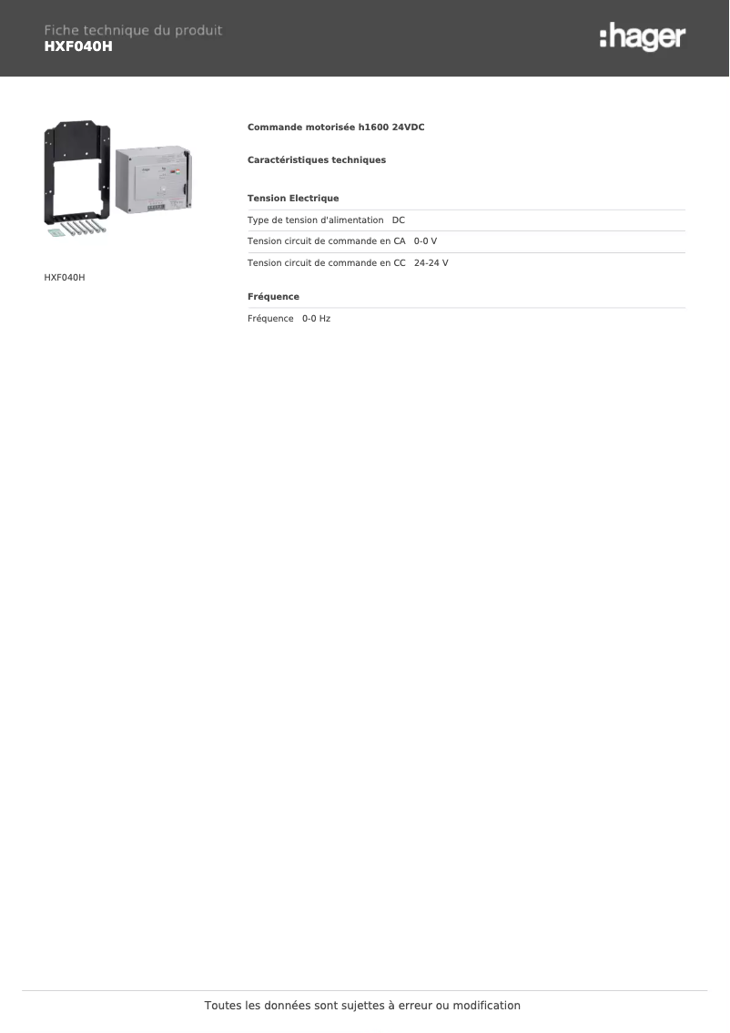 Page 1 de la notice Fiche technique Hager HXF040H