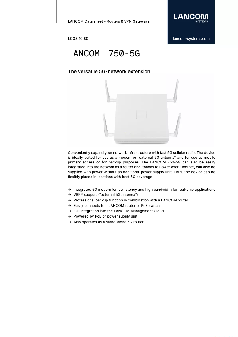 Página 1 del manual Ficha técnica Lancom 750-5G