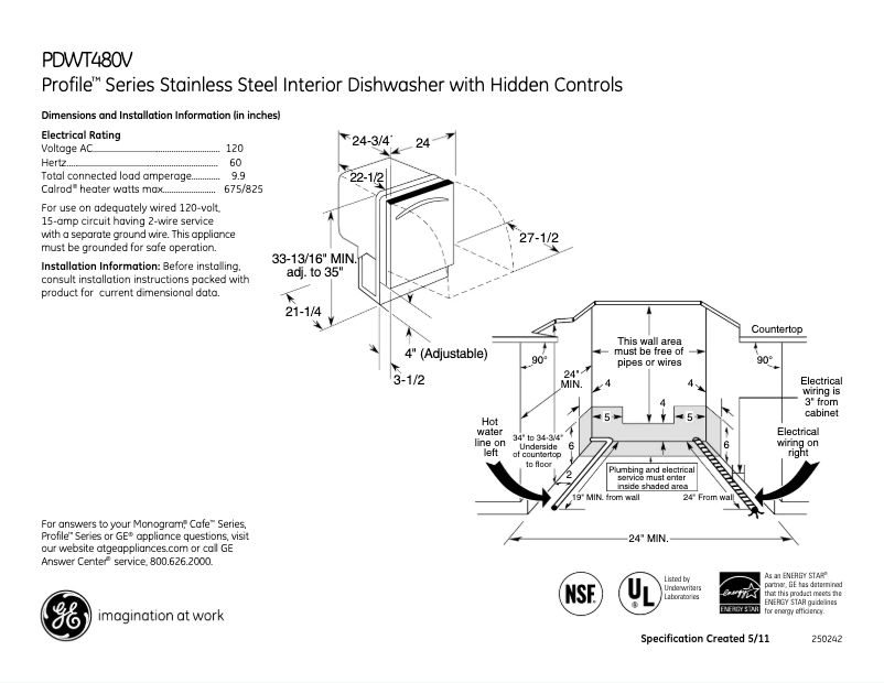 Page n°1 - Fiche technique GE Profile PDWT480VSS
