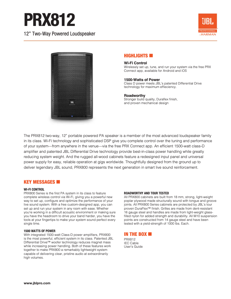 Page 1 of the manual Technical Sheet JBL PRX812W