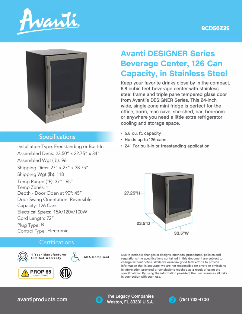 Page 1 de la notice Fiche technique Avanti BCD50Z3S