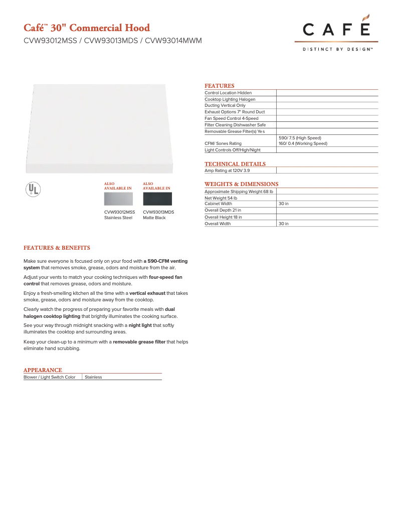 Page n°1 - Fiche technique GE CVW93014MWM