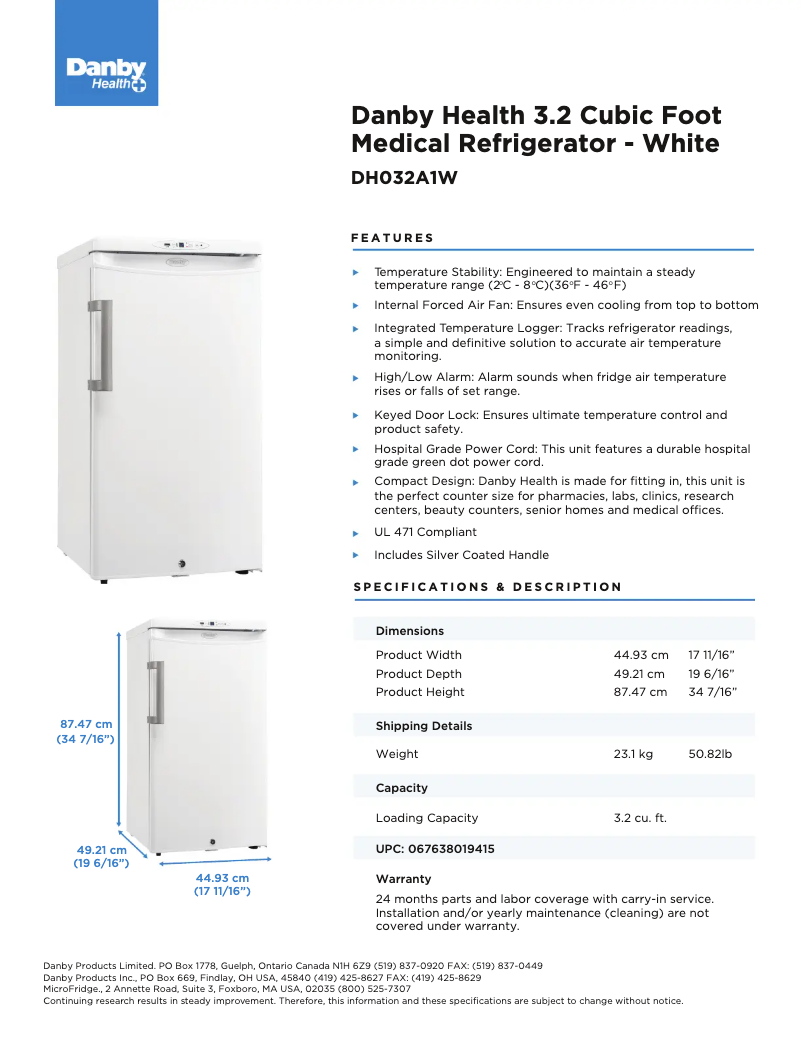 Page 1 de la notice Fiche technique Danby DH032A1W-1