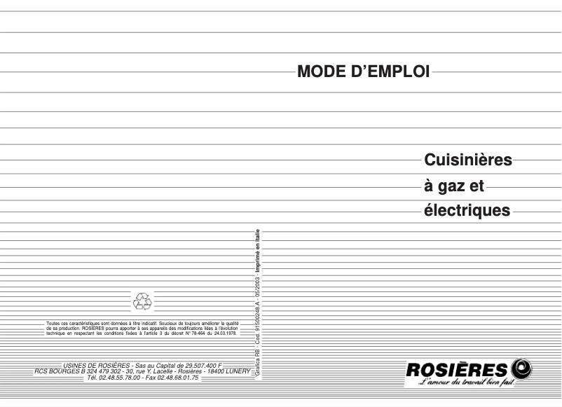 Page 1 de la notice Manuel utilisateur Rosieres CFRCE5325 RB