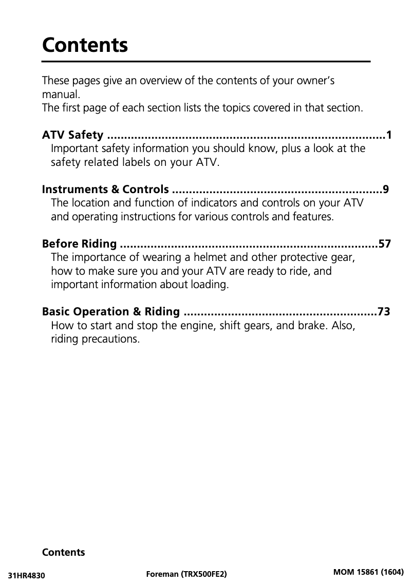 Page 1 de la notice Manuel utilisateur Honda FourTrax Foreman TRX500FM1 (2017)