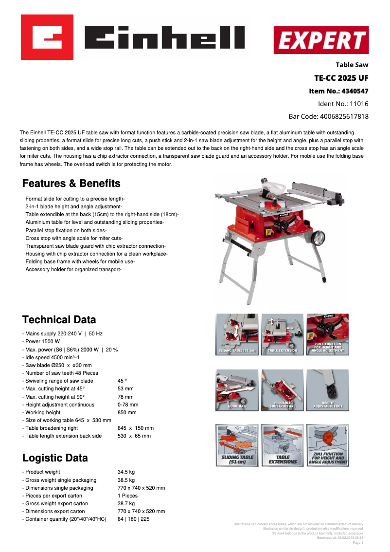 Page 1 de la notice Fiche technique Einhell TE-CC 2025 UF