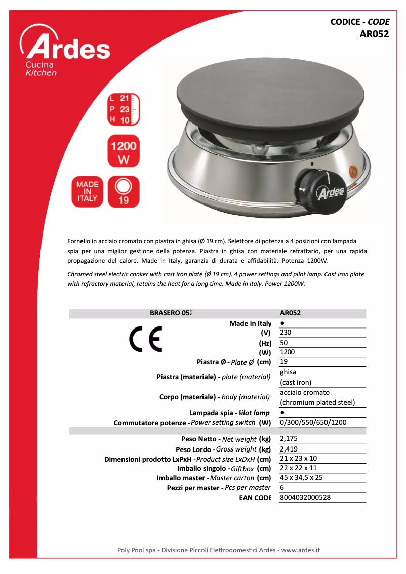Page 1 de la notice Fiche technique Ardes AR052