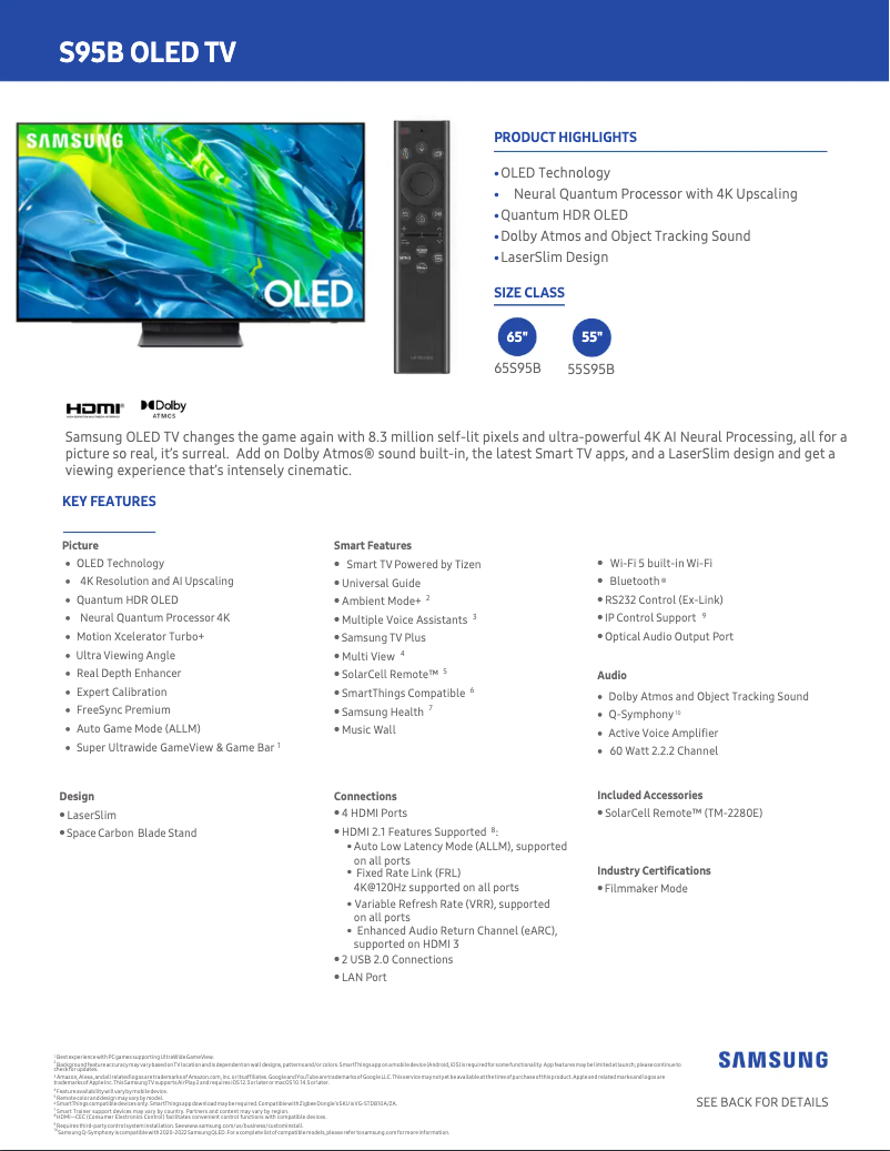 Página 1 del manual Ficha técnica Samsung QN65S95BAFXZA