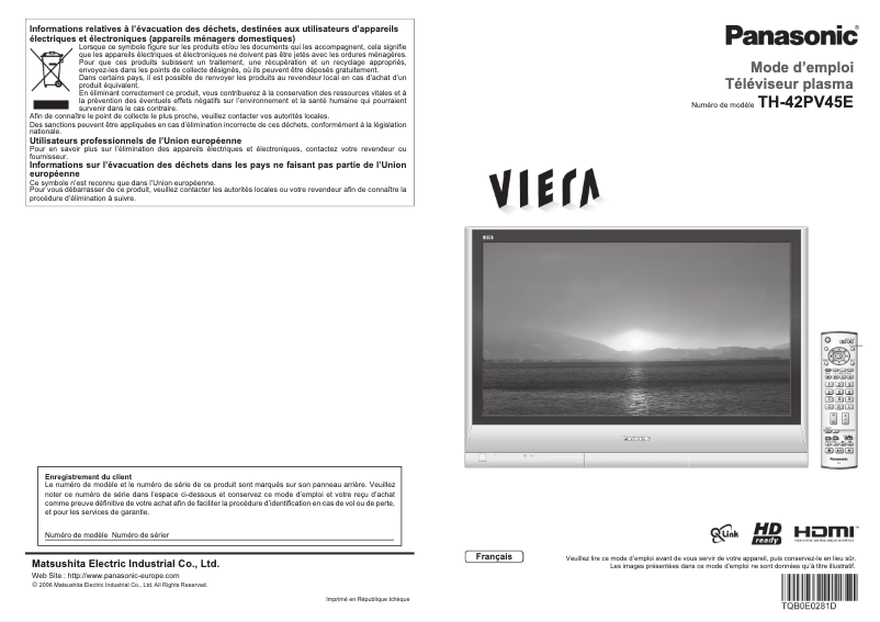 Page 1 de la notice Manuel utilisateur Panasonic TH-42PV45E