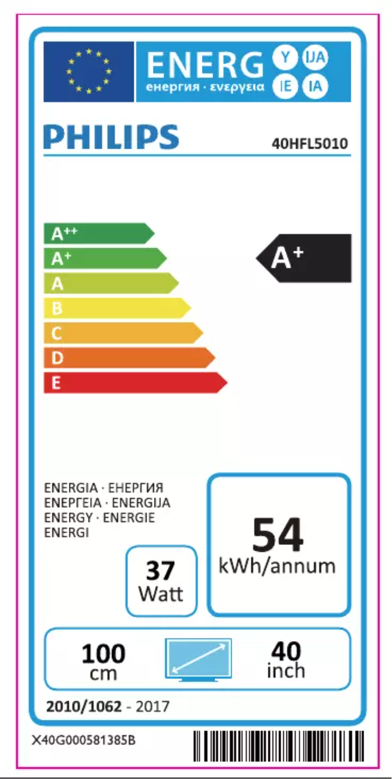 Page n°1 - Label énergétique Philips 40HFL5010T