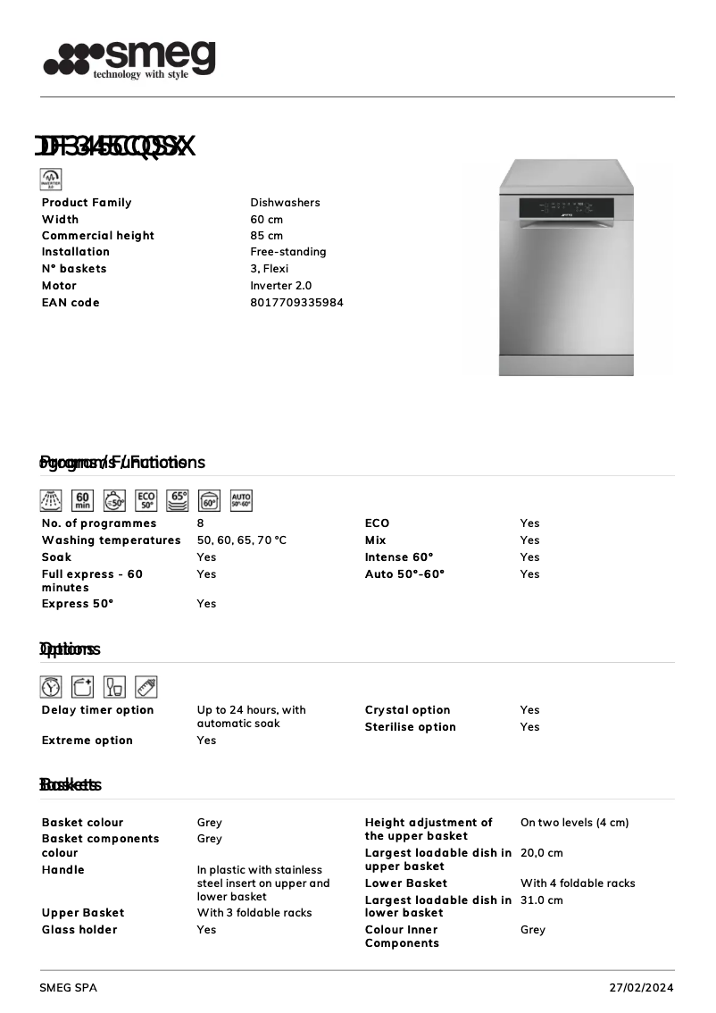 Página 1 del manual Ficha técnica Smeg DF345CQSX