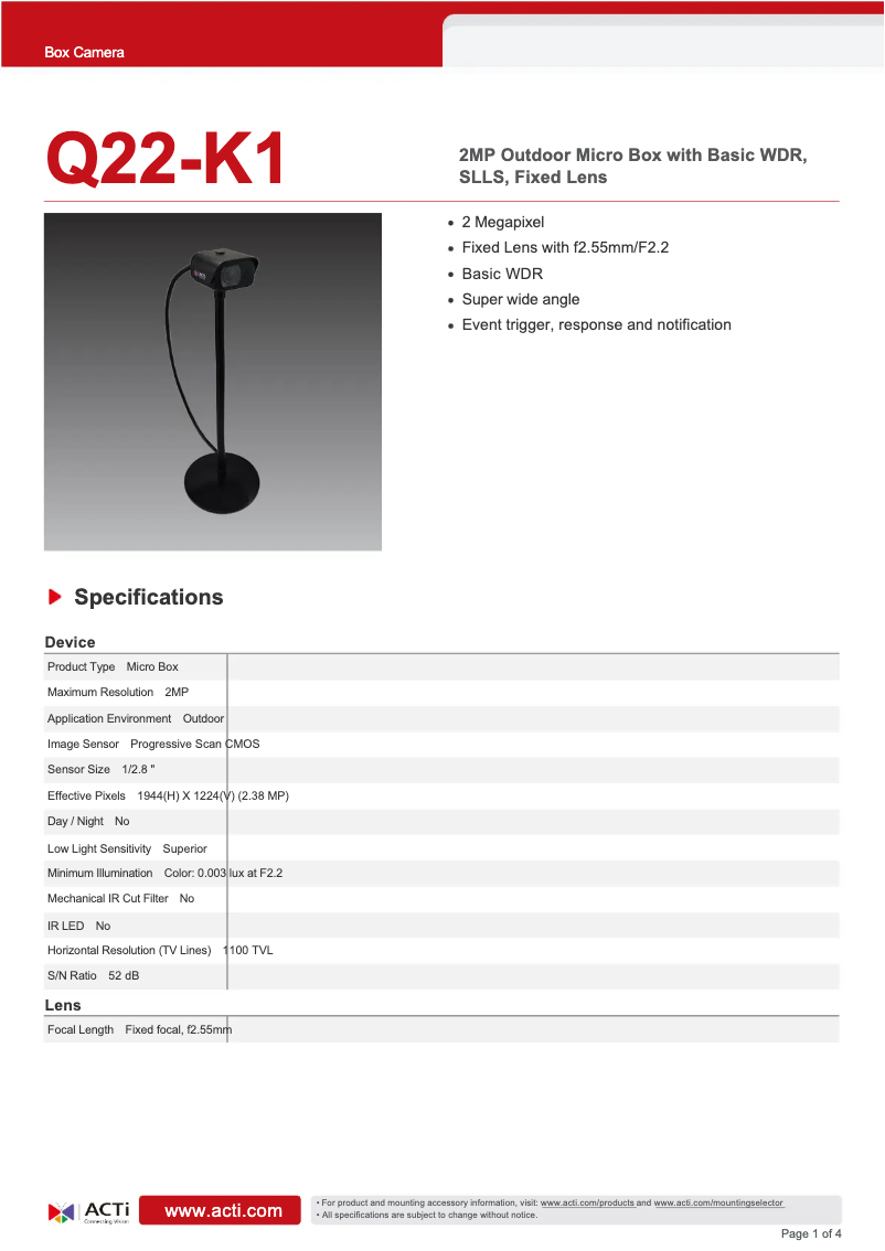 Page 1 de la notice Fiche technique ACTi Q22-K1