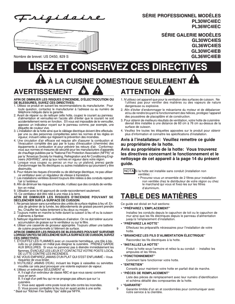 Page 1 de la notice Manuel utilisateur Frigidaire PL30WC41EC