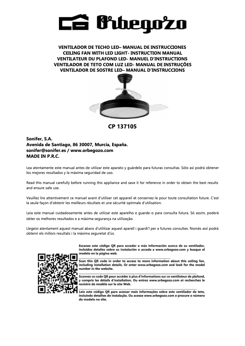 Page 1 de la notice Manuel utilisateur Orbegozo CP 137105