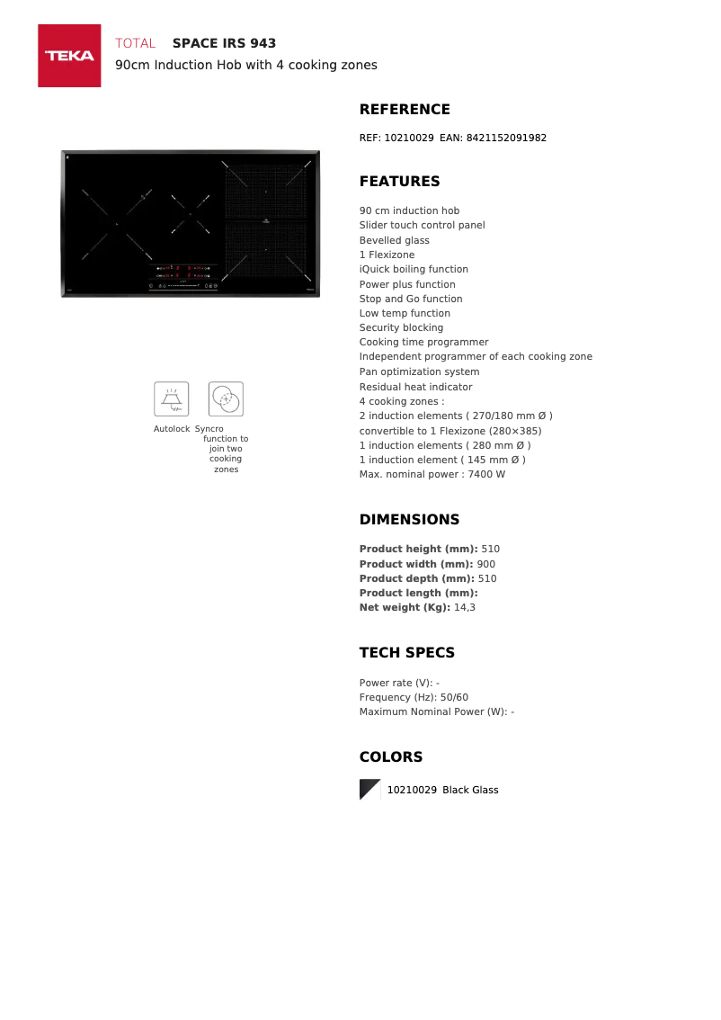 Page 1 de la notice Fiche technique Teka SPACE IRS 943