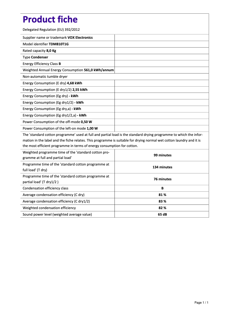 Page 1 de la notice Fiche technique VOX TDM-810T1G