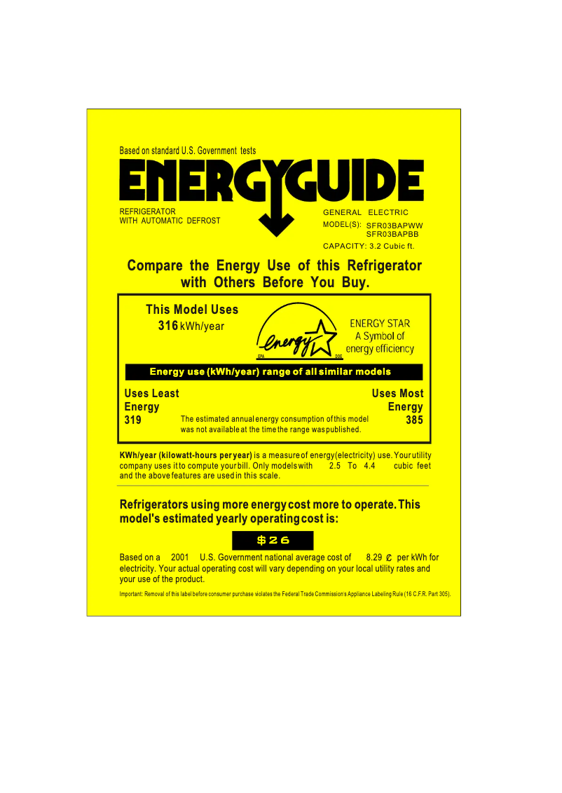 Page n°1 - Label énergétique GE SFR03BAPBB