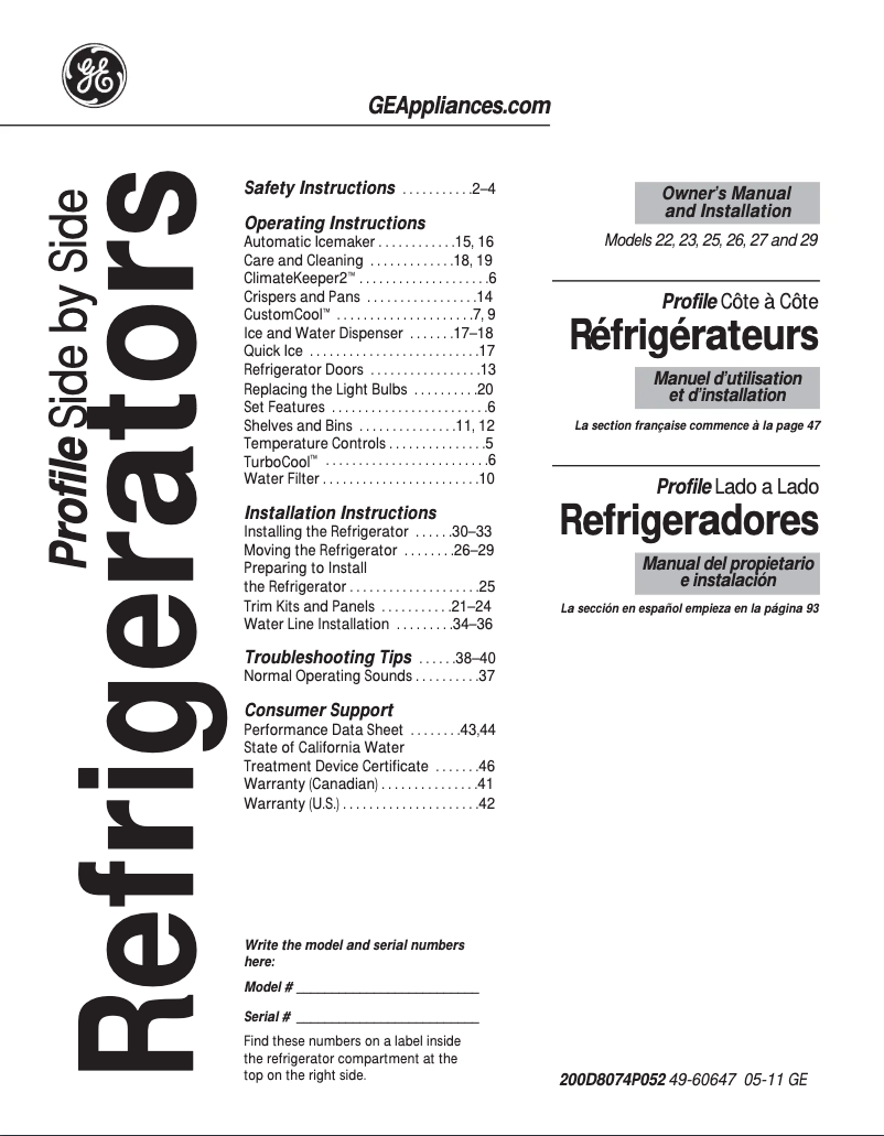 Page n°1 - Manuel utilisateur GE Profile PSHS9PGZSS