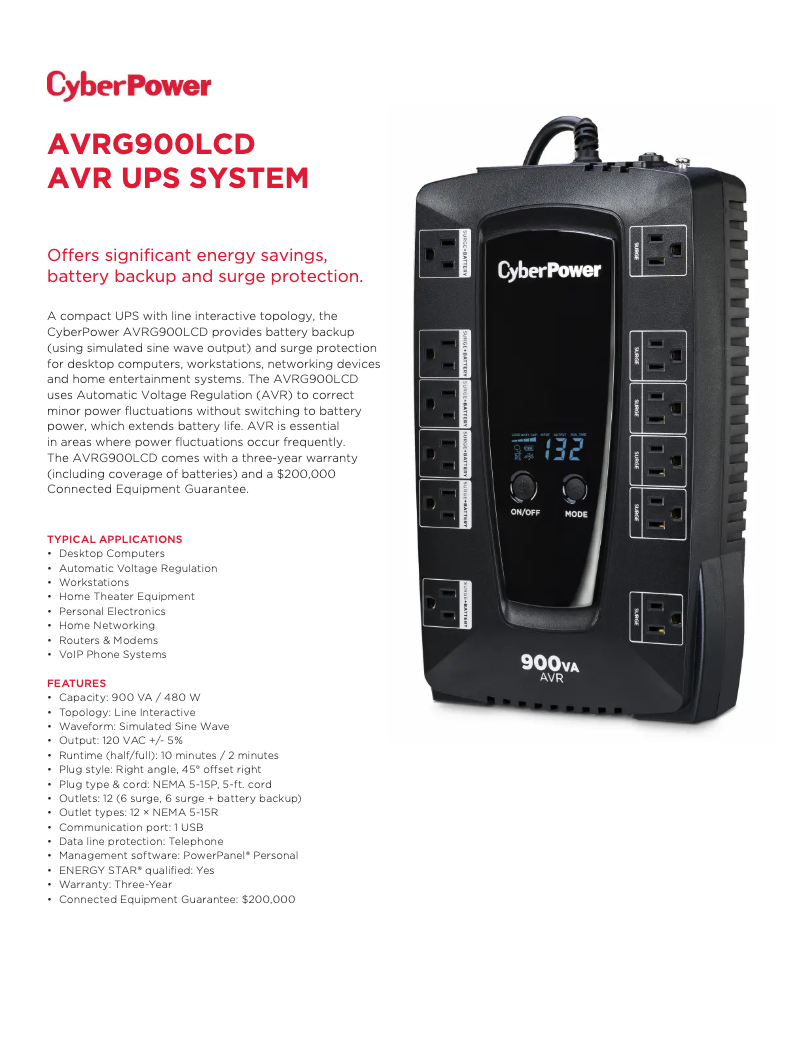 Página 1 del manual Ficha técnica CyberPower AVRG900LCD