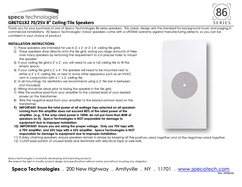 Page 1 de la notice Manuel utilisateur Speco Technologies G86TG1X2