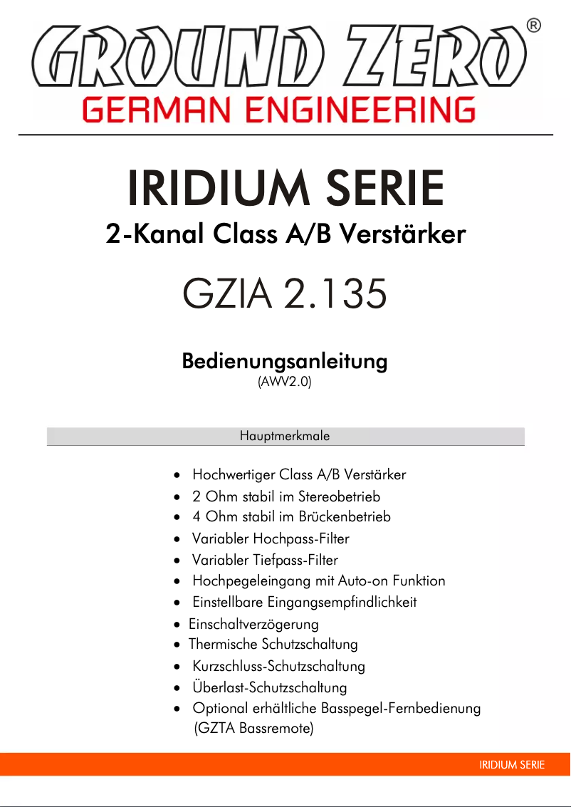 Page 1 of the manual User Manual Ground Zero GZIA 2.135